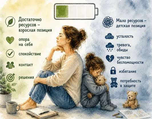 Когда истощаются ресурсы, включаются защитные механизмы и психика уходит в детскую позицию